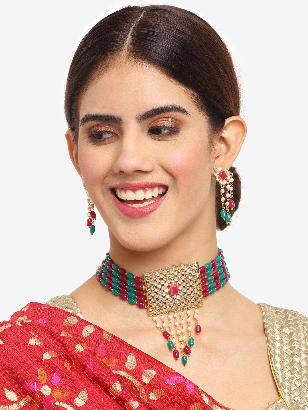 

NEUDIS Gold-Plated Maroon & White Kundan-Studded & Beaded Handcrafted Jewellery Set