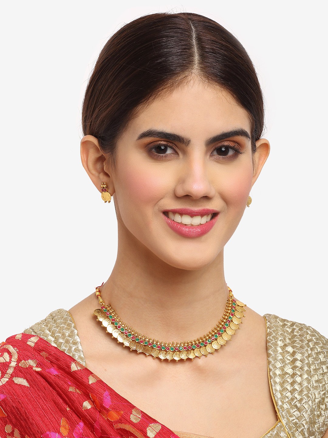 

NEUDIS Gold-Plated Red & Green Kundan-Studded Handcrafted Temple Jewellery Set