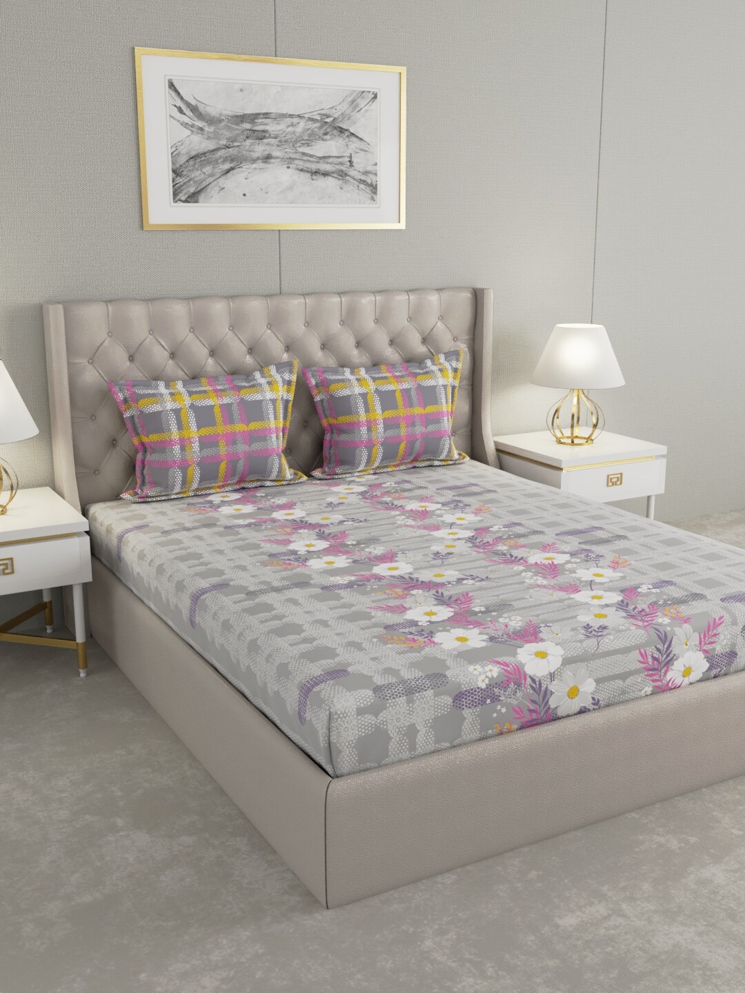 

Raymond Home Grey & Purple Floral 140 TC Queen Bedsheet with 2 Pillow Covers