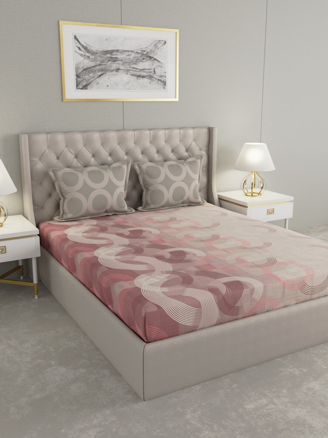 

Raymond Home Grey & Pink Geometric 140 TC Cotton Queen Bedsheet with 2 Pillow Covers