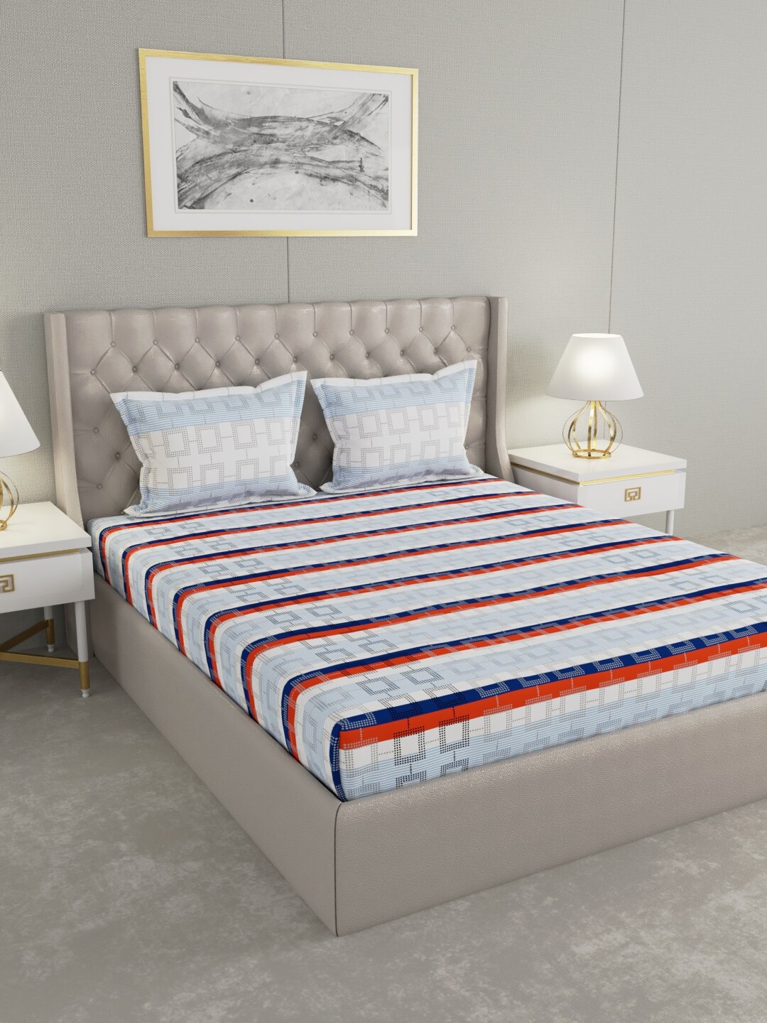 

Raymond Home Blue & Red Striped 140 TC Queen Bedsheet With 2 Pillow Covers