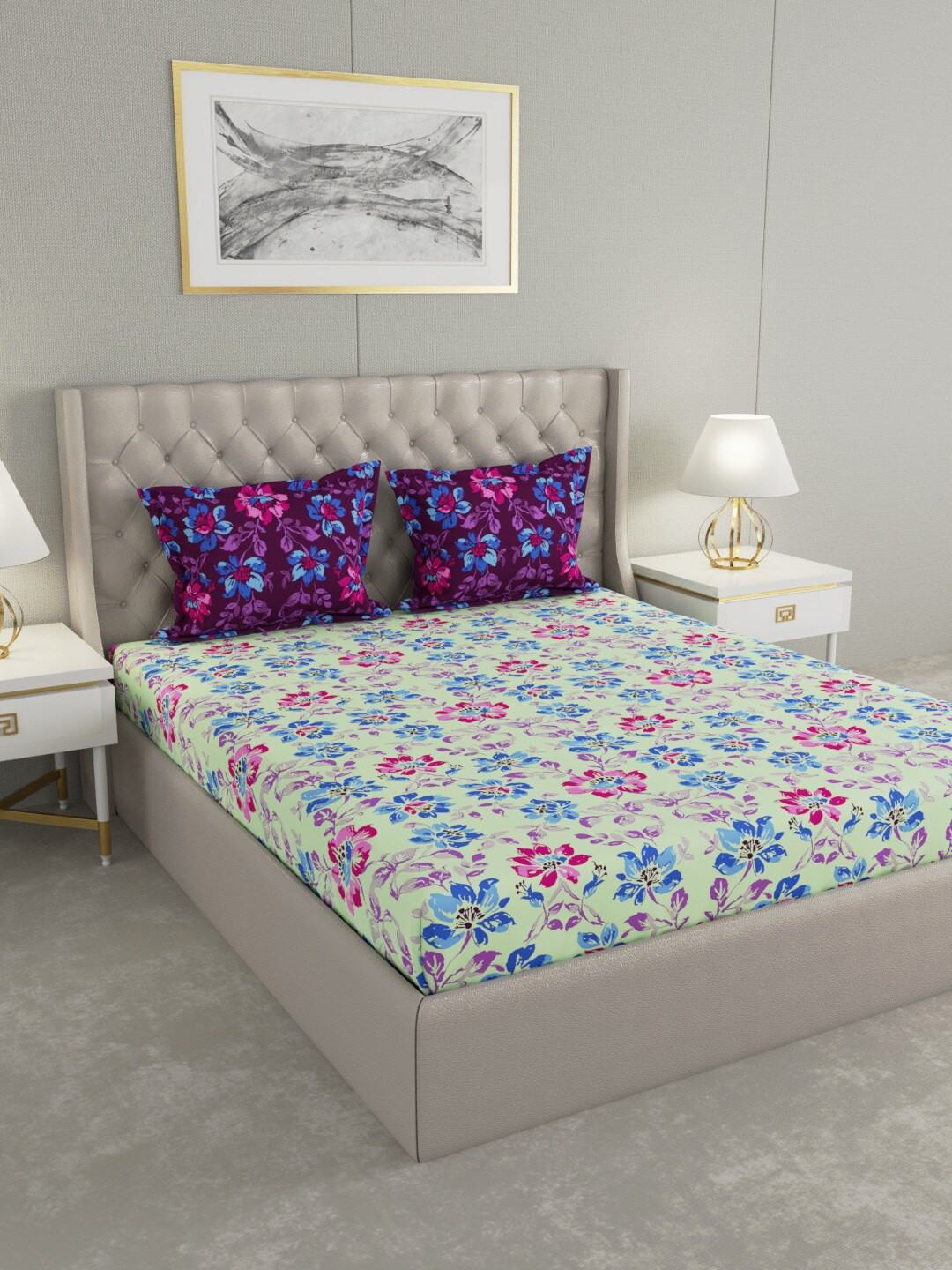 

Raymond Home Blue Floral Printed 140 TC Cotton Blue Queen Bedsheet With 2 Pillow Covers