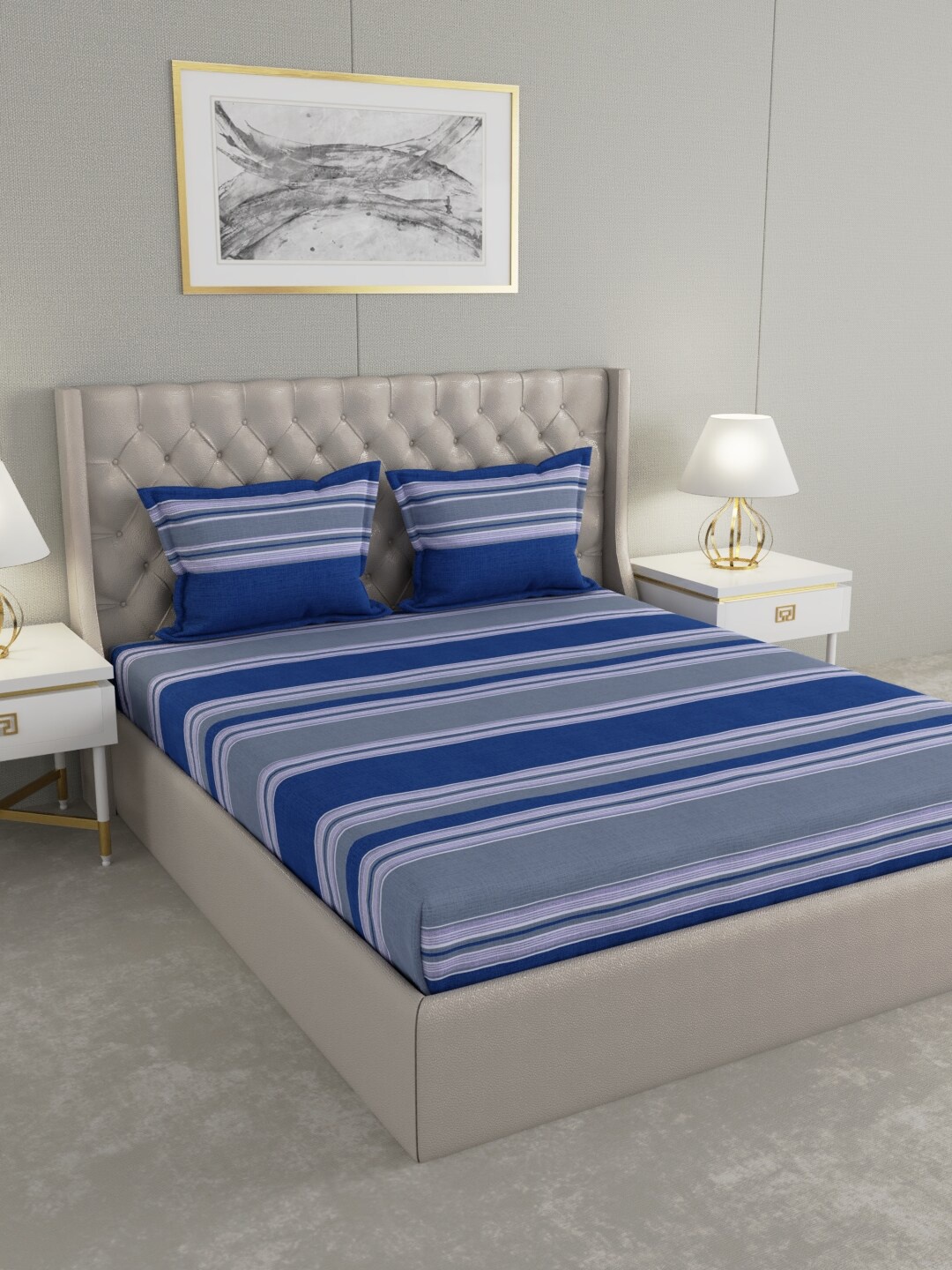 

Raymond Home Blue & Grey Striped 140 TC Queen Bedsheet with 2 Pillow Covers
