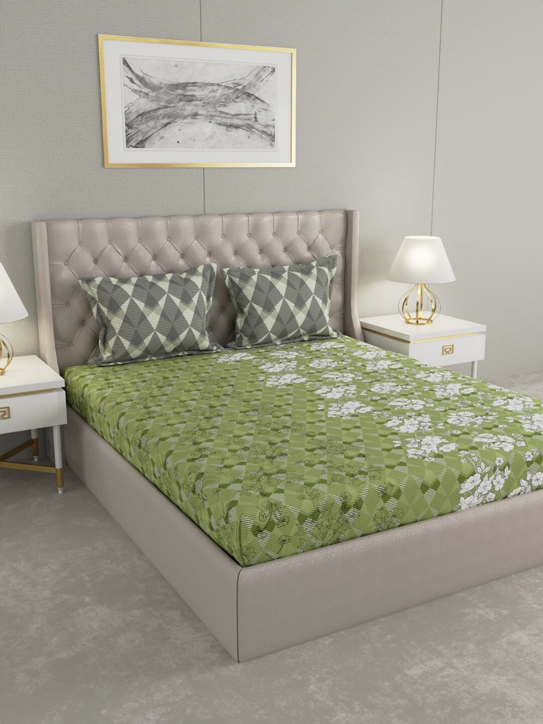 

Raymond Home Green & White Floral 140 TC Queen Bedsheet with 2 Pillow Covers