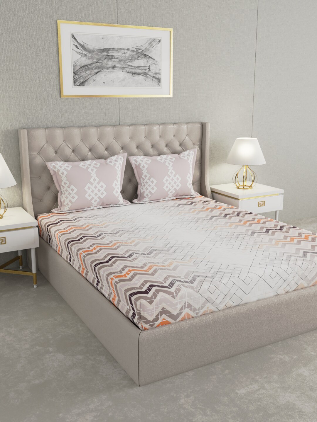 

Raymond Home Grey & Brown Geometric 140 TC Queen Bedsheet with 2 Pillow Covers