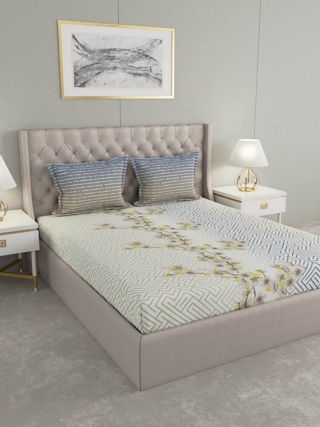 

Raymond Home Blue & Green Floral 140 TC Queen Bedsheet with 2 Pillow Covers