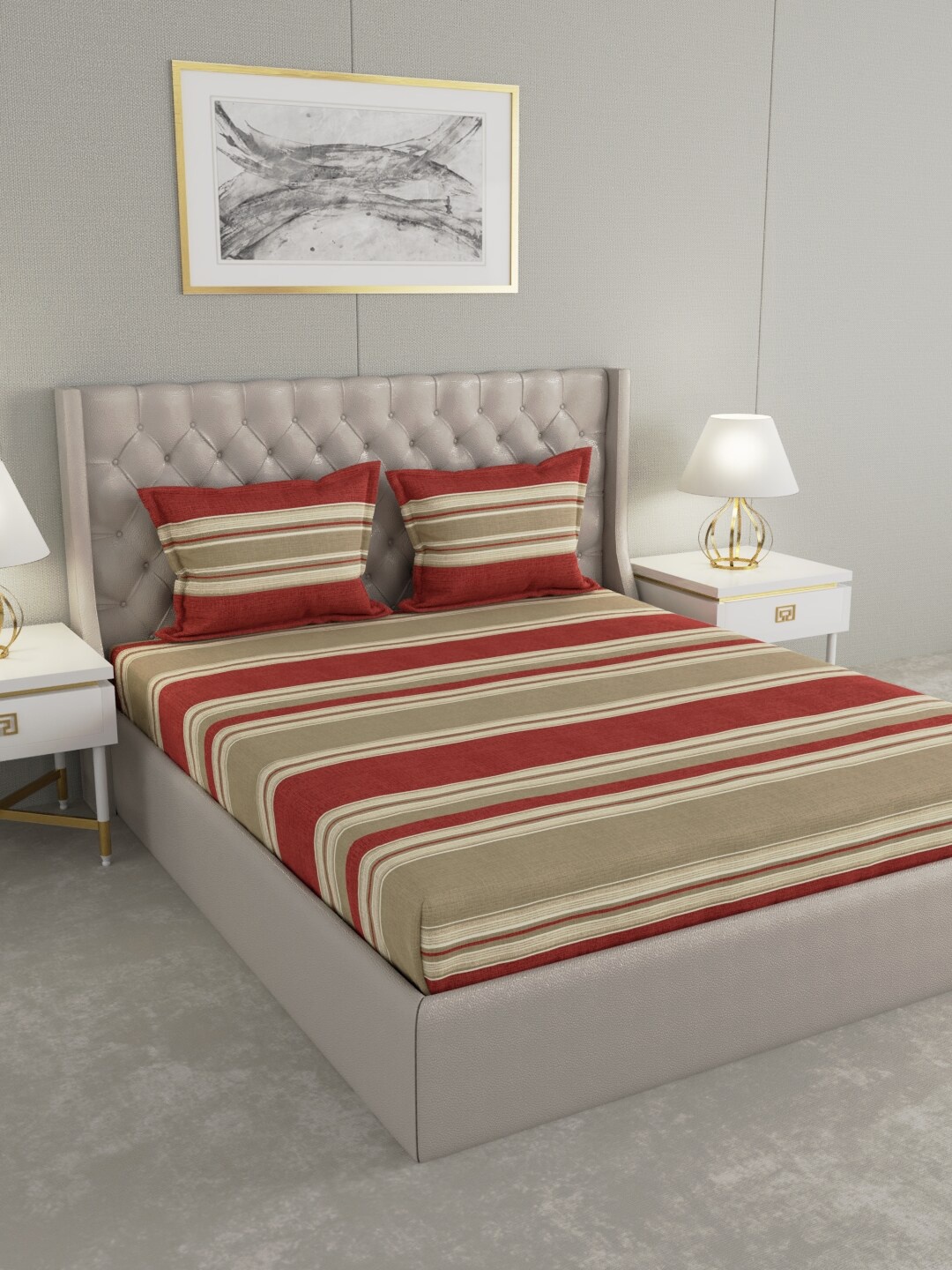 

Raymond Home Red & Green Striped 140 TC Queen Bedsheet with 2 Pillow Covers