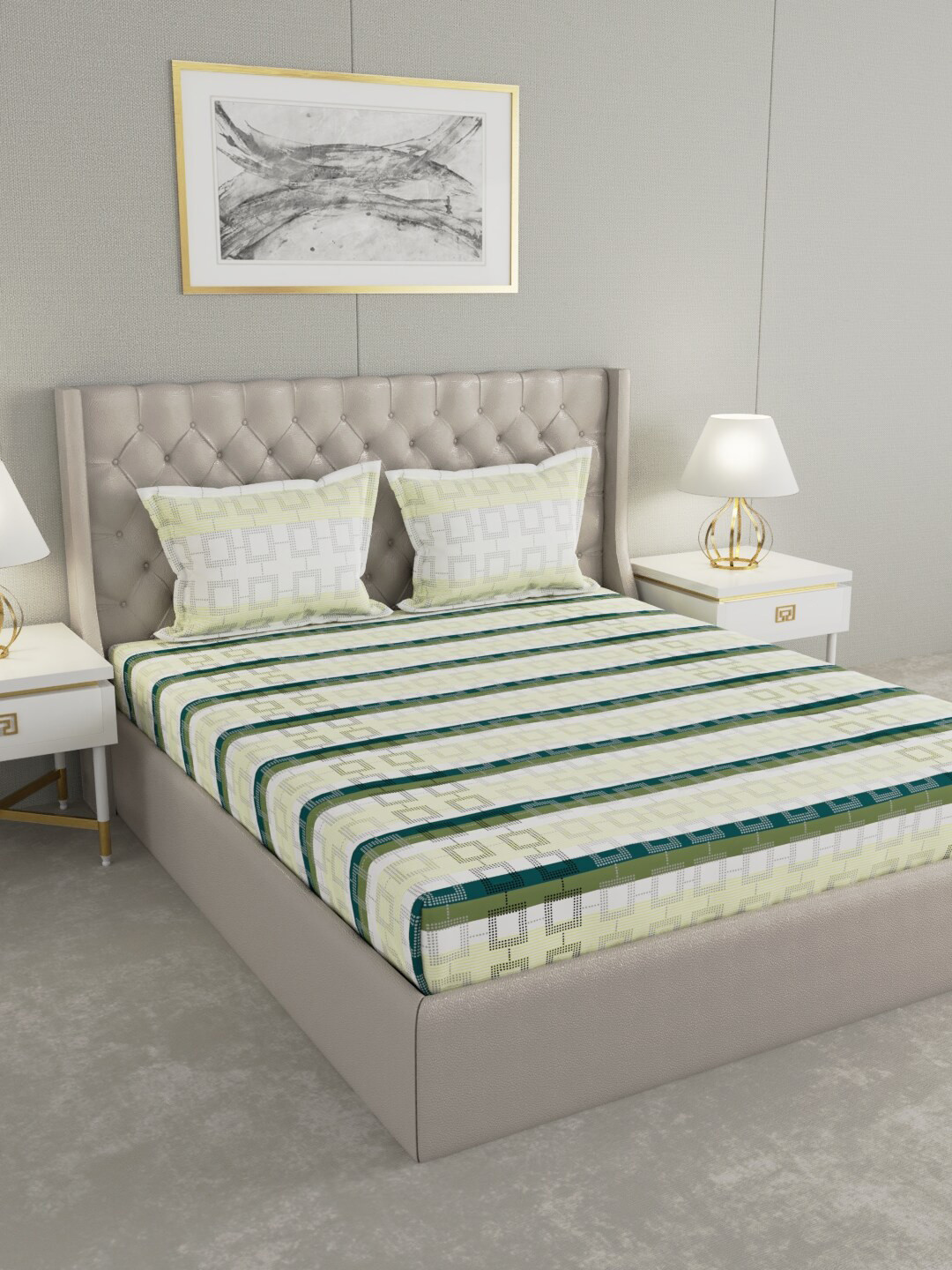 

Raymond Home Yellow & Green Geometric 140 TC Queen Bedsheet with 2 Pillow Covers
