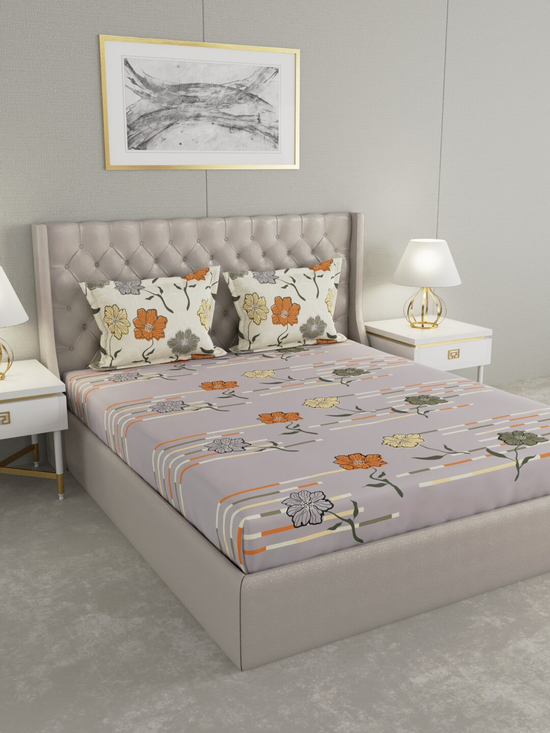 

Raymond Home Grey & Orange Floral Printed 140 TC Cotton Queen Bedsheet & 2 Pillow Covers