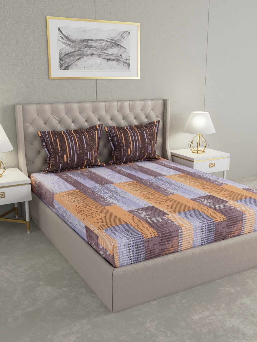 

Raymond Home Blue & Brown Geometric 140 TC Queen Bedsheet with 2 Pillow Covers