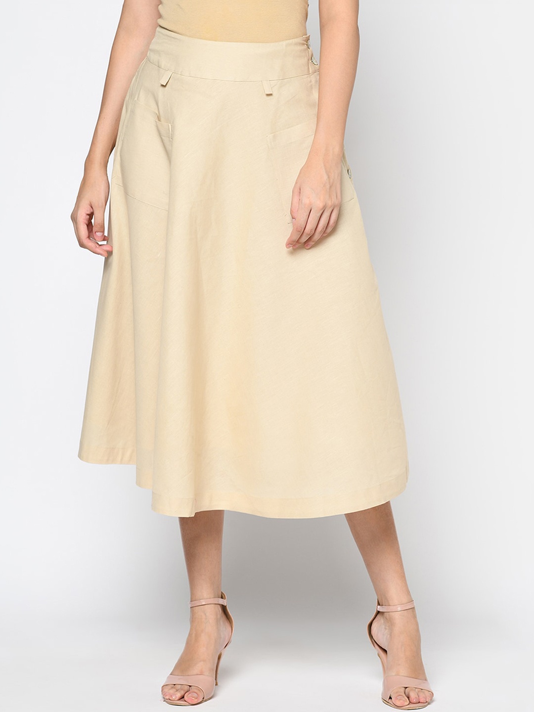 

Fabindia Women Beige Solid Flared Midi-Length Skirt