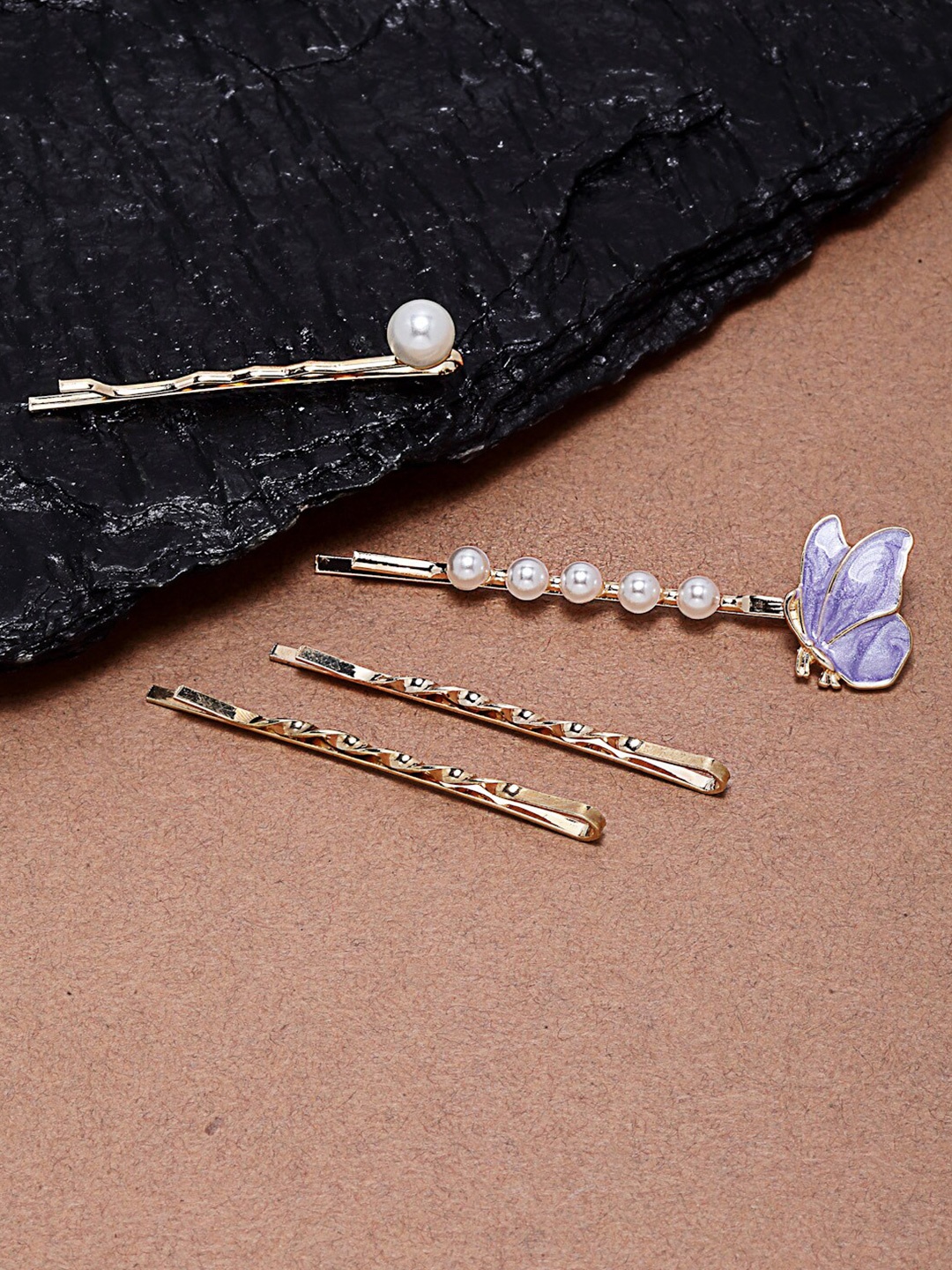 

Ferosh Women Gold-Toned & White Set of 4 Embellished Bobby Pins