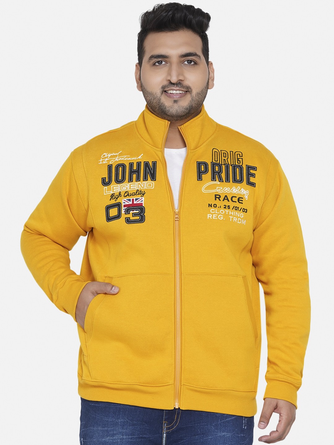 

John Pride Men Mustard Yellow Embroidered Brand Logo Plus Size Sweatshirt