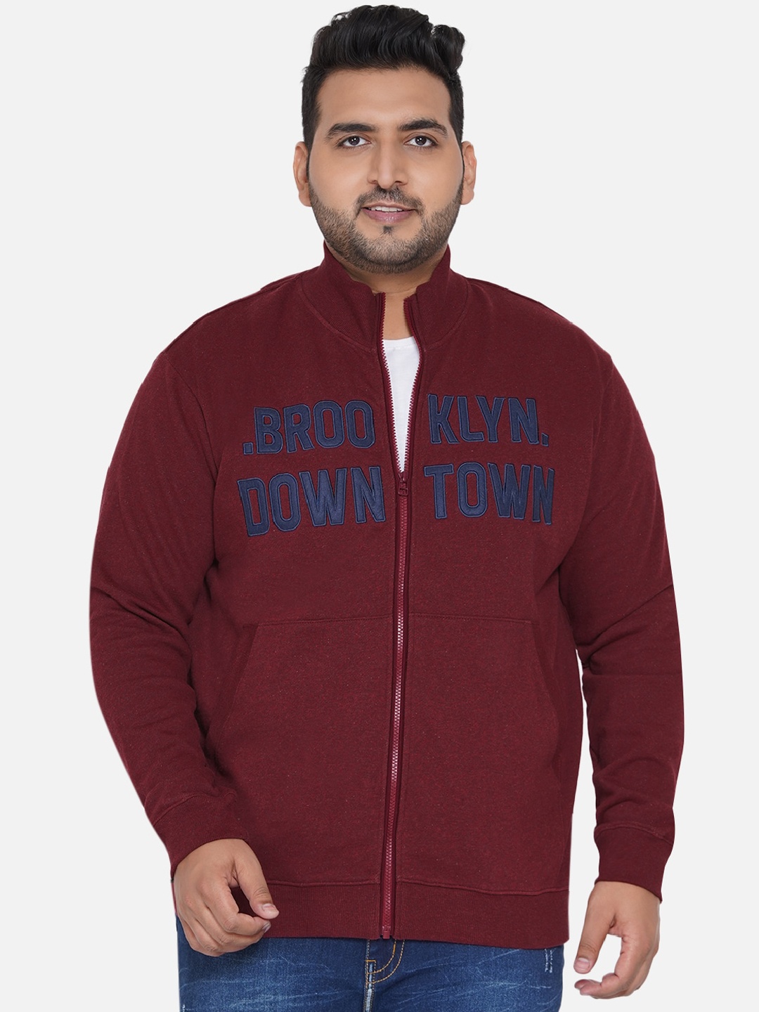 

John Pride Men Maroon & Blue Embroidered Plus Size Sweatshirt
