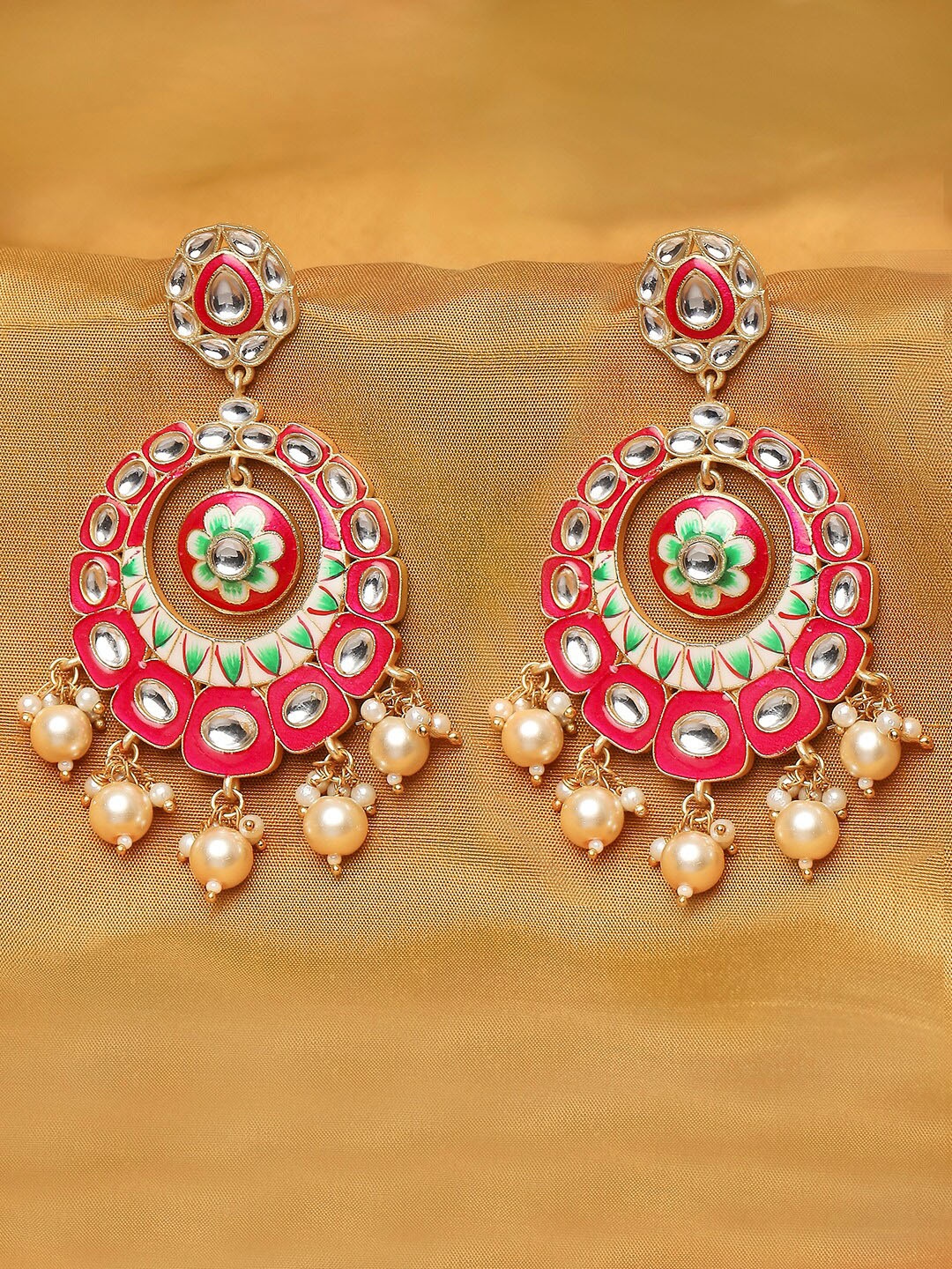 

OOMPH Pink & Green Enamelled Floral Chandbalis Earrings