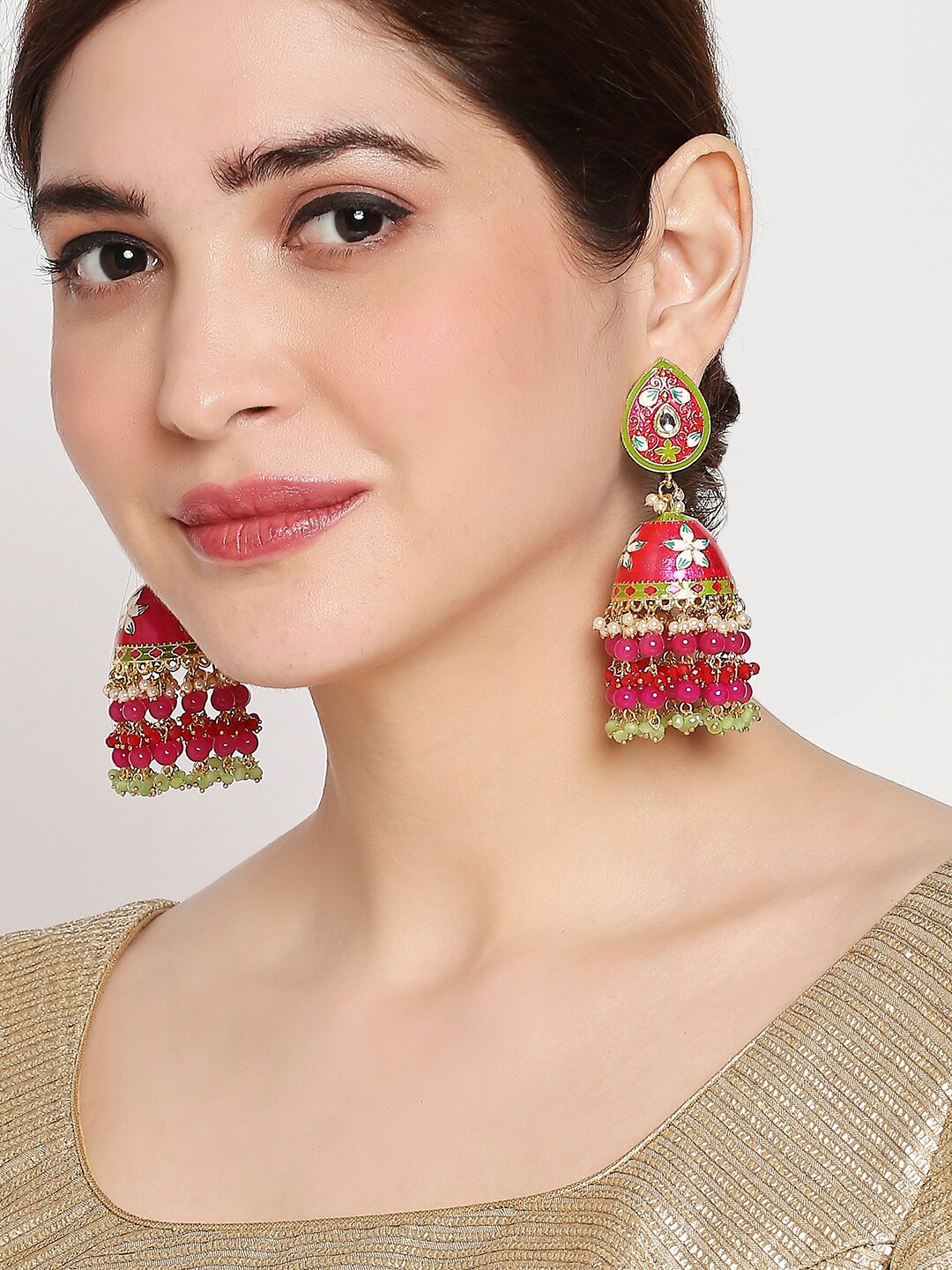 

OOMPH Pink & Green Dome Shaped Meenakari Enamelled Kundan Studded Jhumkas Earrings