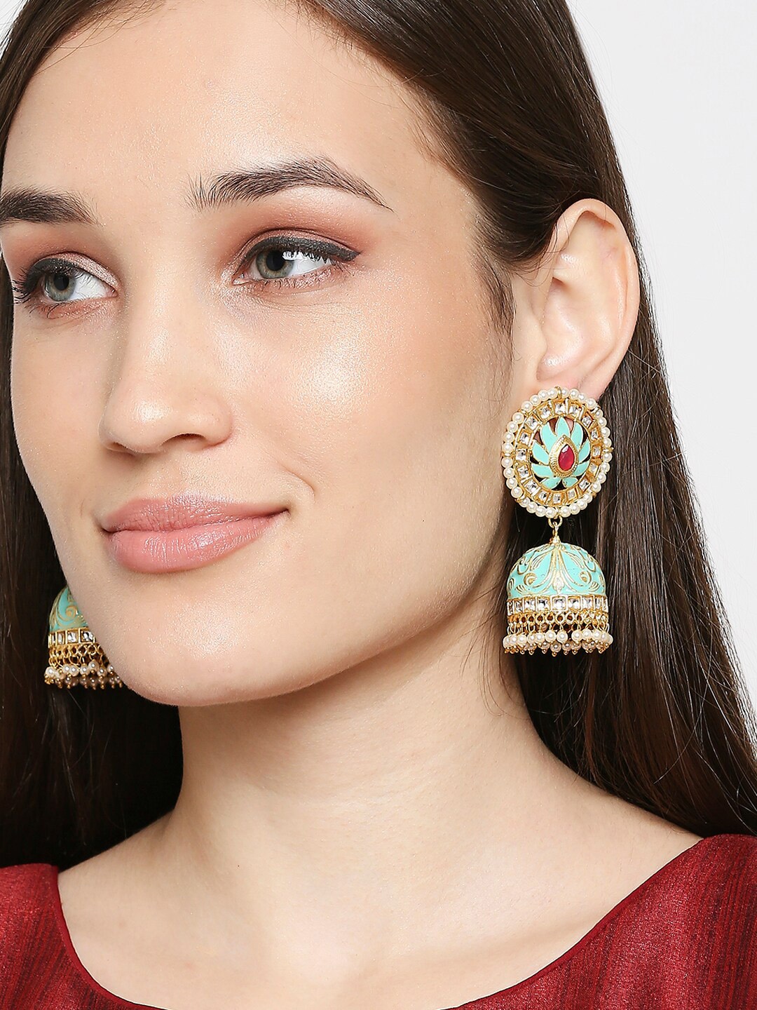 

OOMPH Sea Green & Gold-Toned Dome Shaped Jhumkas Earrings