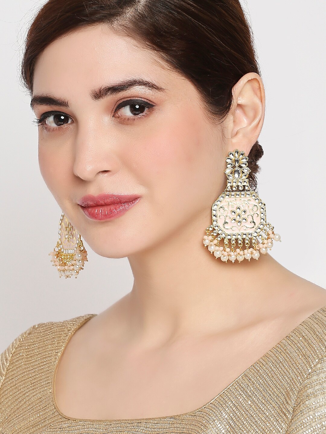

OOMPH Peach Meenakari Enamelled with Kundan & Pearl Drop Earrings