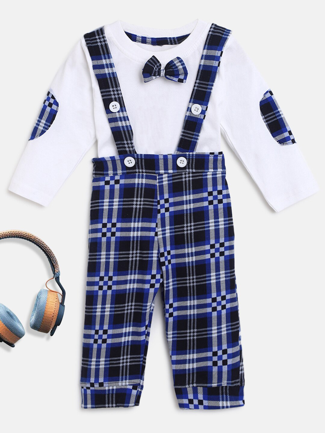 

Lil Tomatoes Infant Kids Blue & White Checked Pure Cotton Dungarees With T-Shirt
