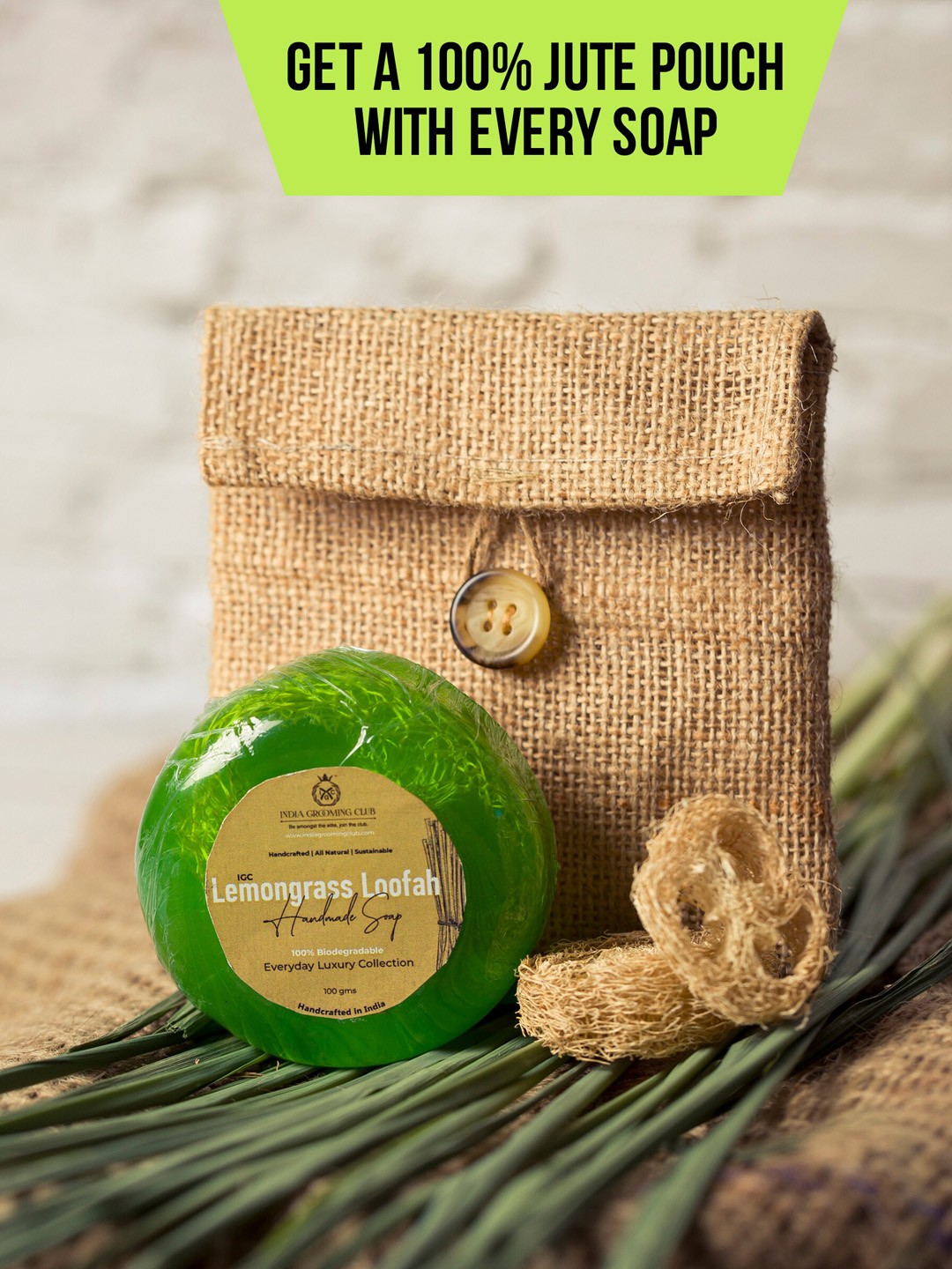 

India Grooming Club Set of 3 Lemongrass Loofah Soap, Green