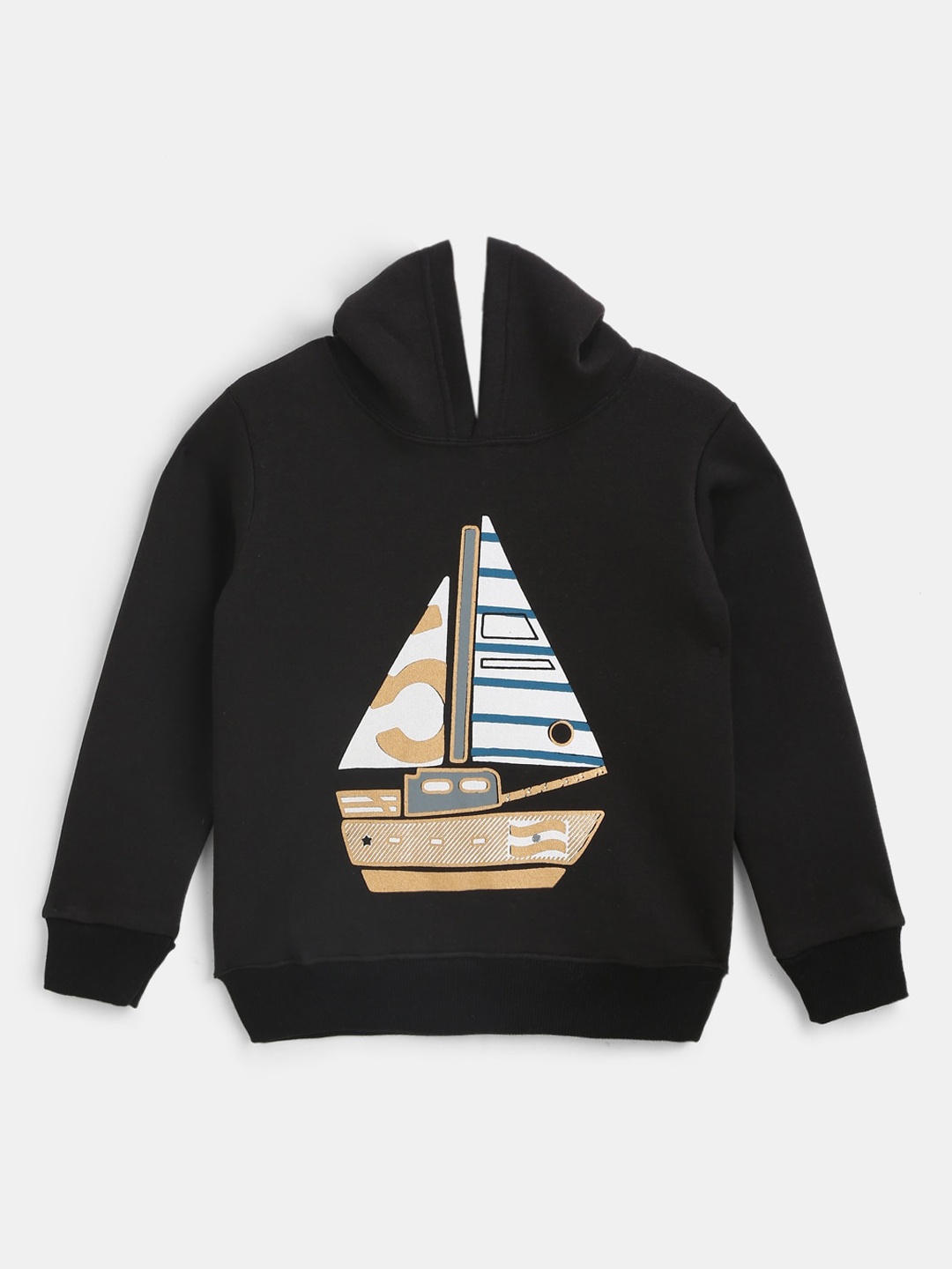 

YK Boys Black Printed Fleece Hooded Sweatshirt