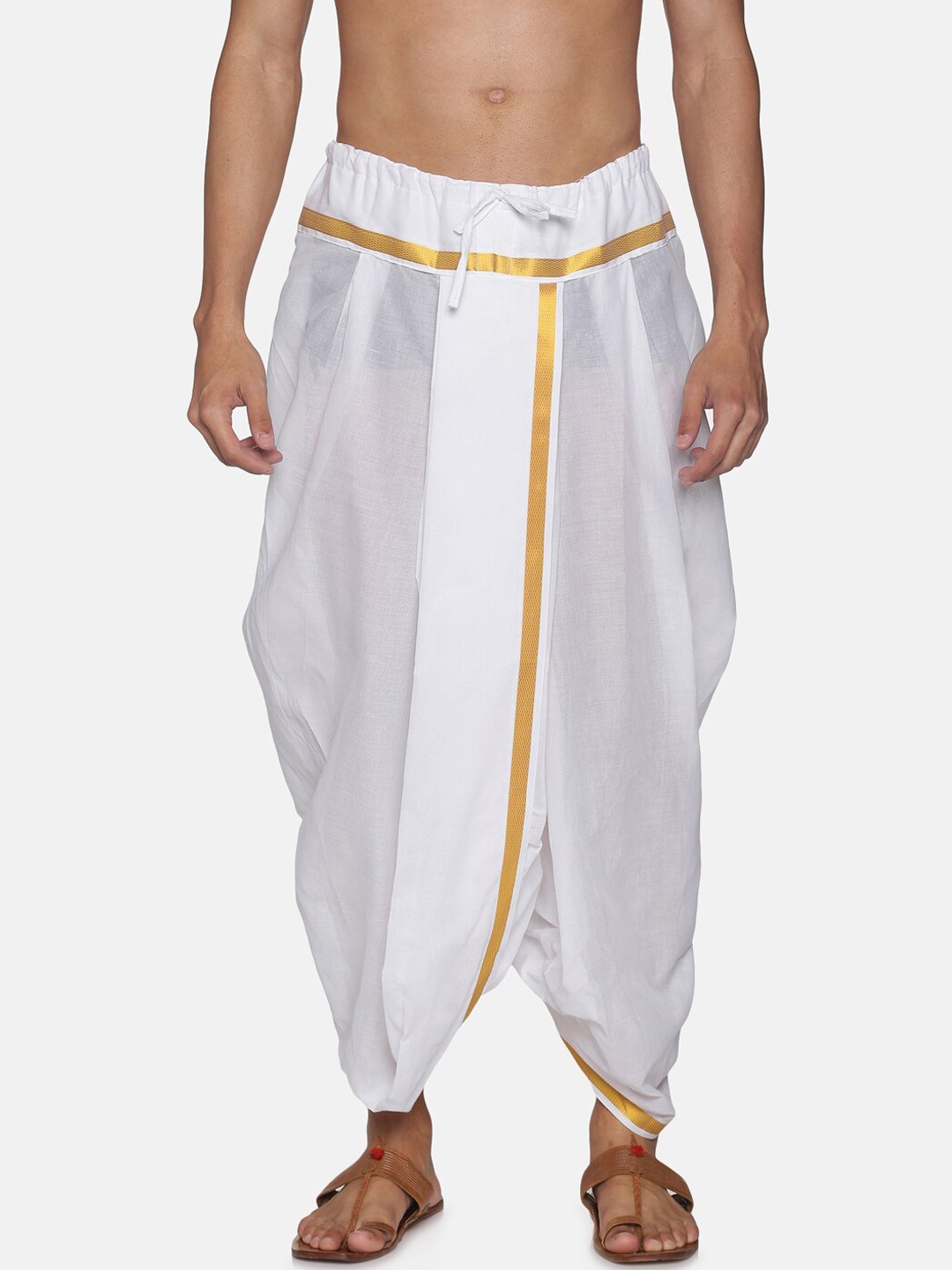 

Sethukrishna Men White & Gold-Coloured Solid Readymade Cotton Dhoti Pant