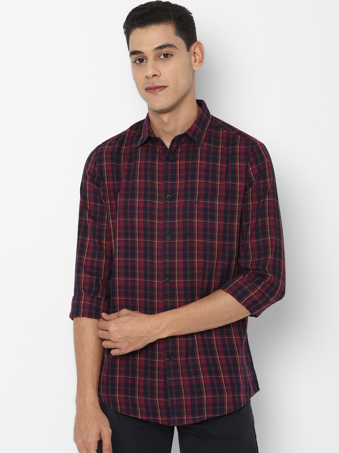 

Allen Solly Men Maroon & Navy Blue Slim Fit Tartan Checks Opaque Pure Cotton Casual Shirt