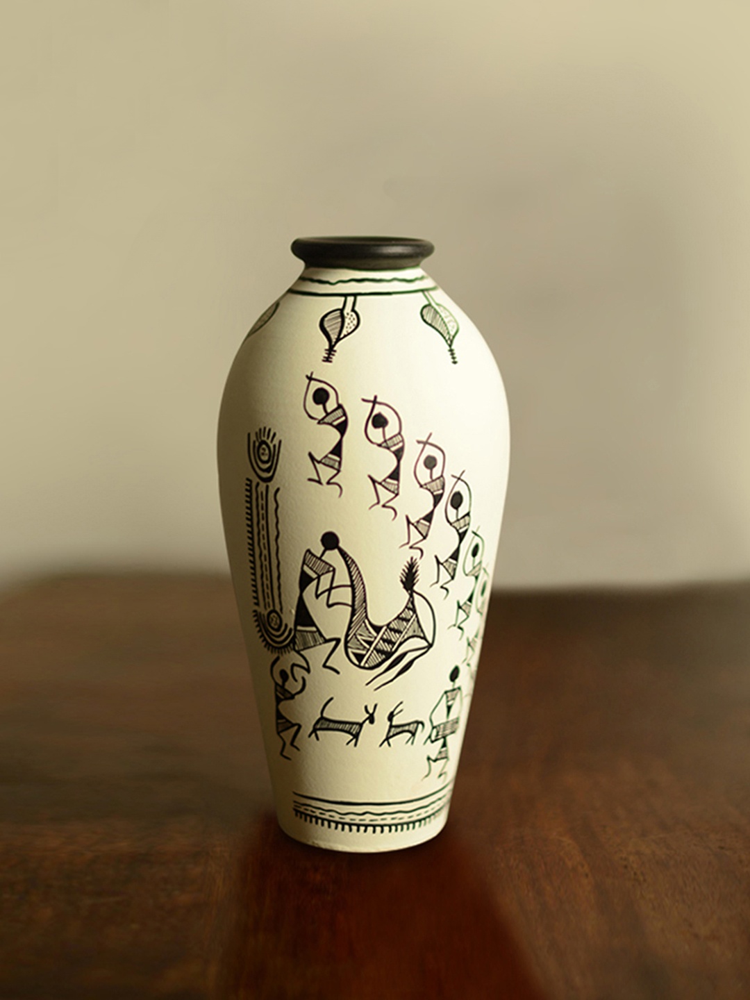 

ExclusiveLane White Hand-Painted Warli Terracotta Vase