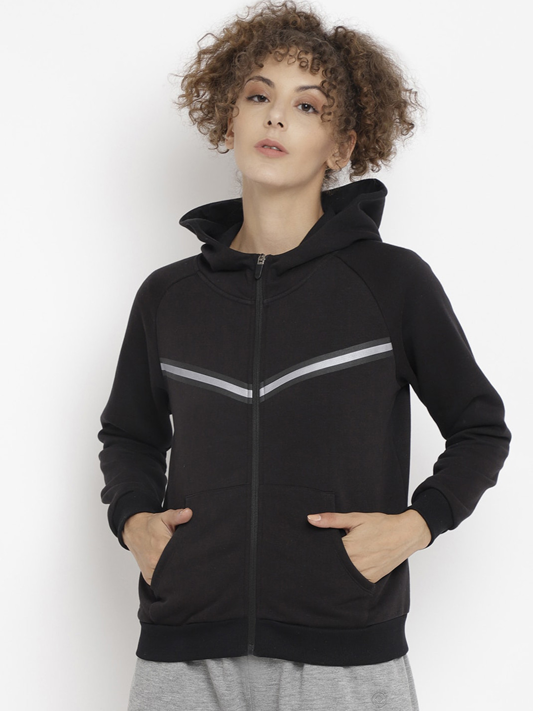 

PERFKT-U Women Black Raglan Sleeves Hooded Front-Open Sweatshirt