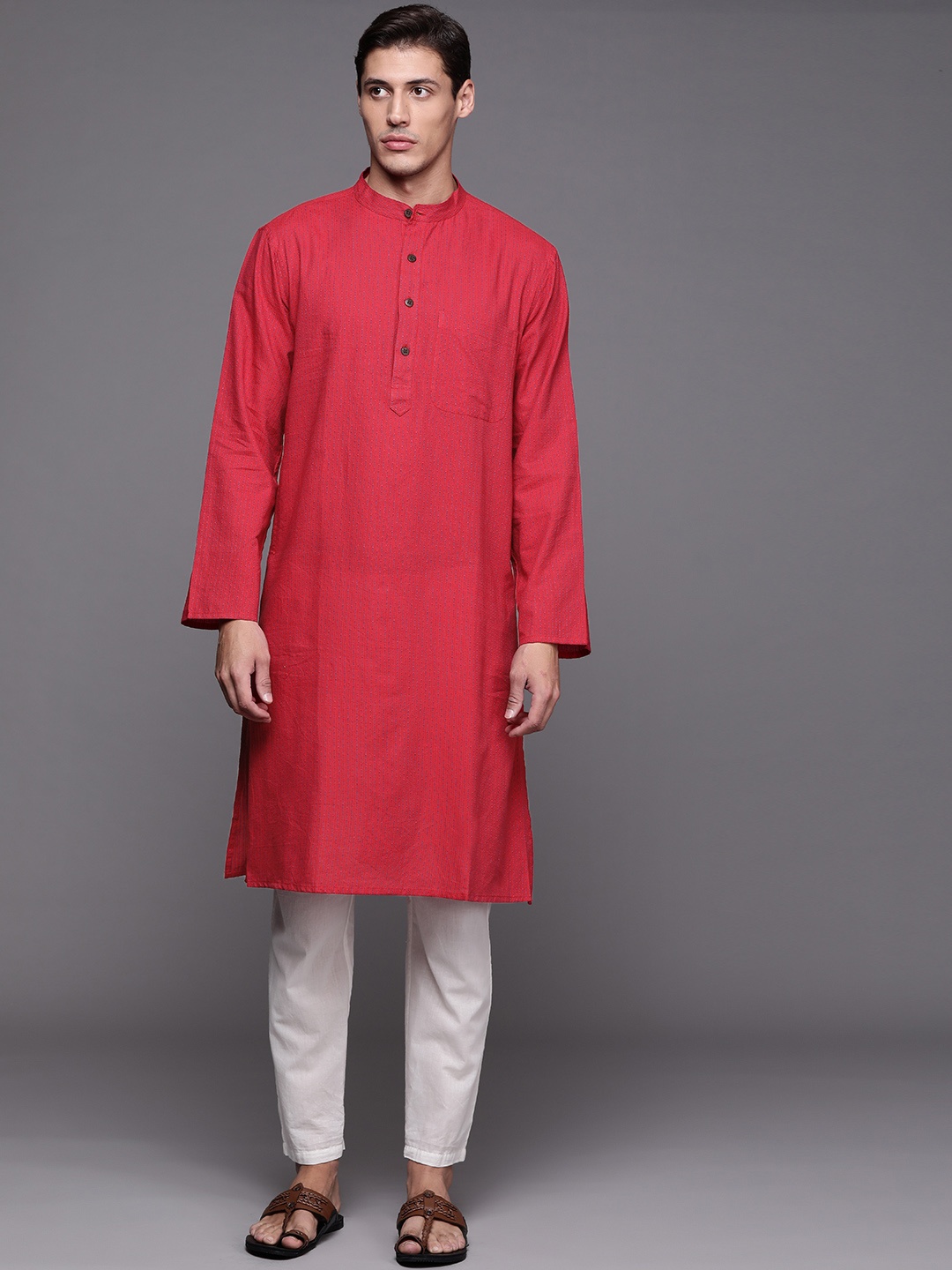 

Fabindia Men Red & Blue Pure Cotton Striped Kurta