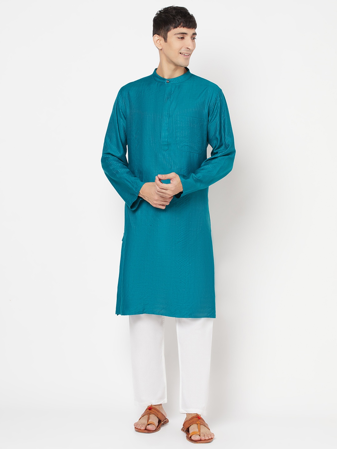 

Fabindia Men Teal & Silver-Toned Striped Kurta