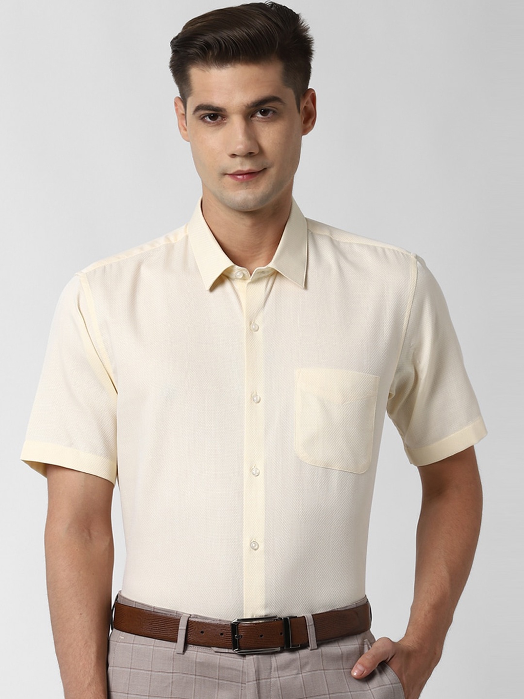 

Peter England Men Cream-Coloured Textured Opaque Pure Cotton Formal Shirt