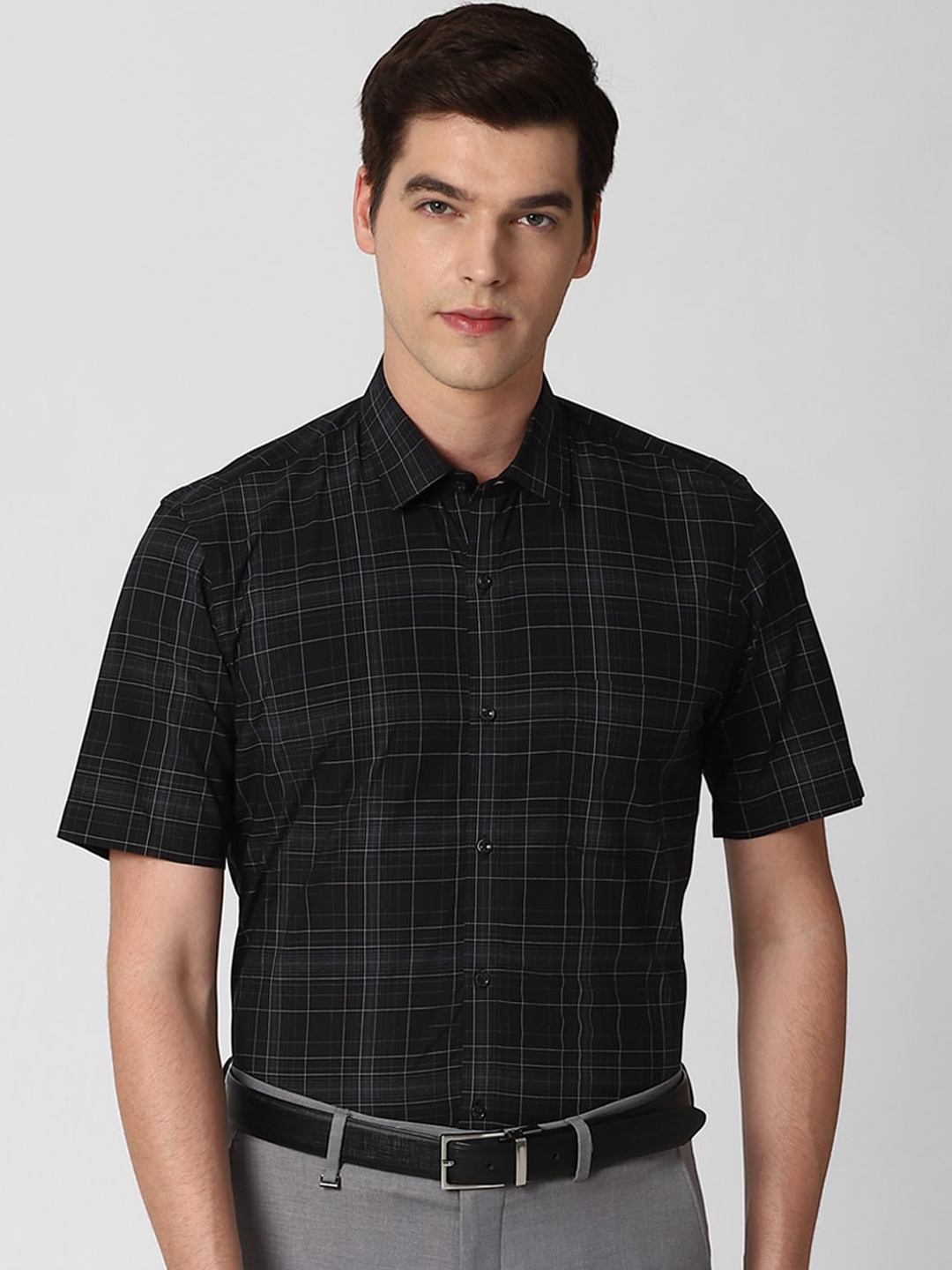 

Peter England Men Black Tartan Checks Opaque Checked Formal Shirt