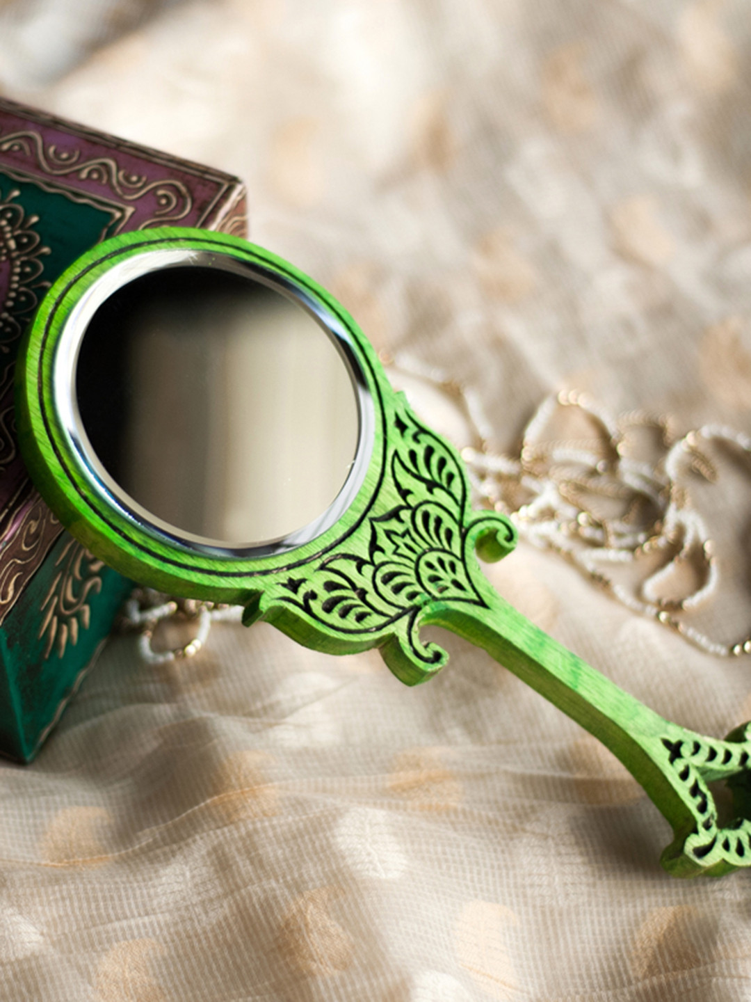 

ExclusiveLane Green Wooden Handcrafted Handheld Mirror