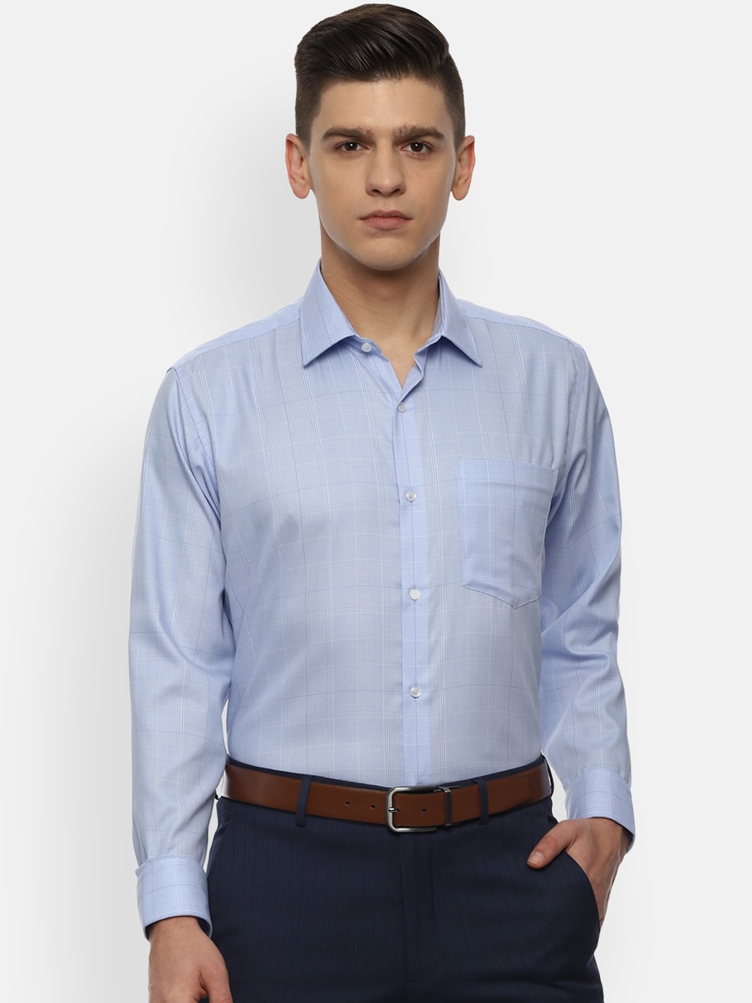 

Van Heusen Men Blue Opaque Checked Pure Cotton Formal Shirt