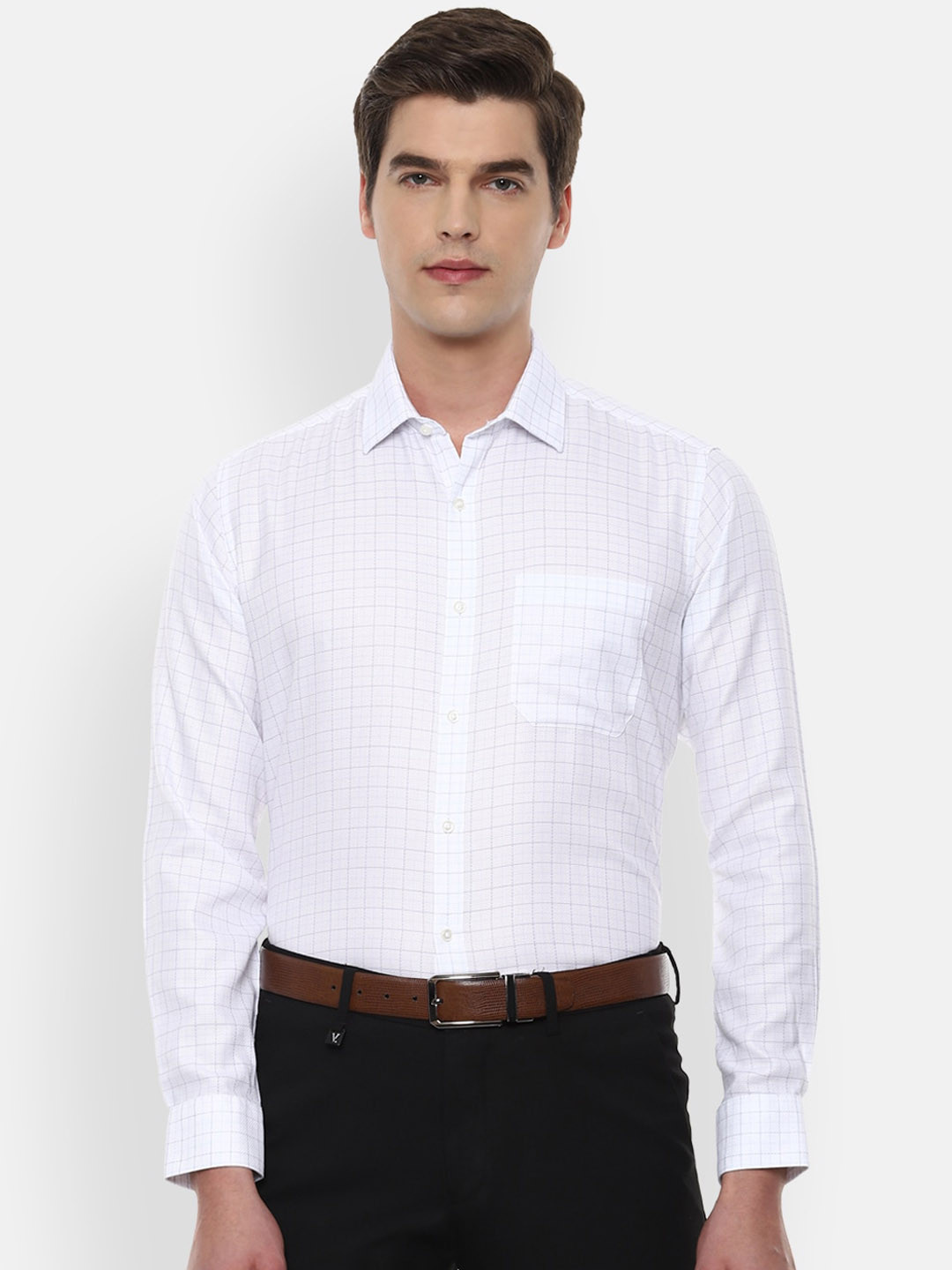 

Van Heusen Men White Grid Tattersall Checks Opaque Cotton Formal Shirt