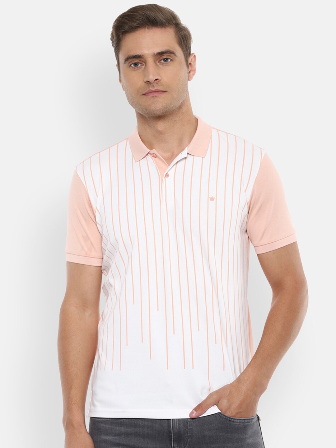 

Louis Philippe Men White Striped Polo Collar Pockets T-shirt