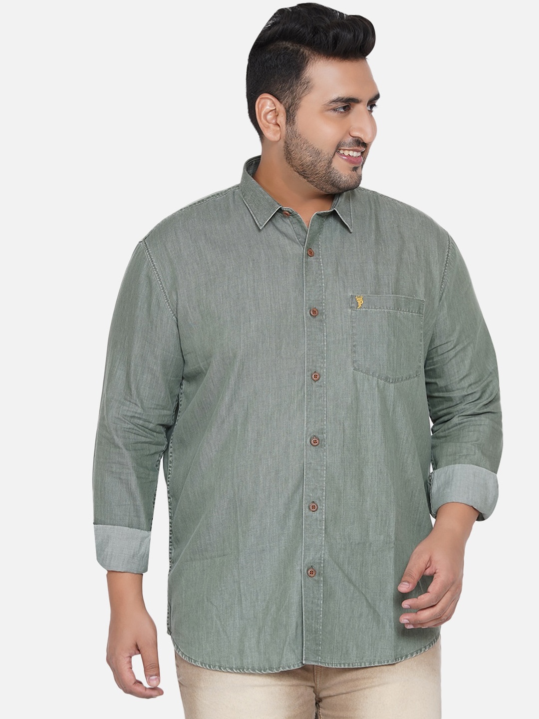 

John Pride Men Green Opaque Solid Denim Plus Size Casual Shirt
