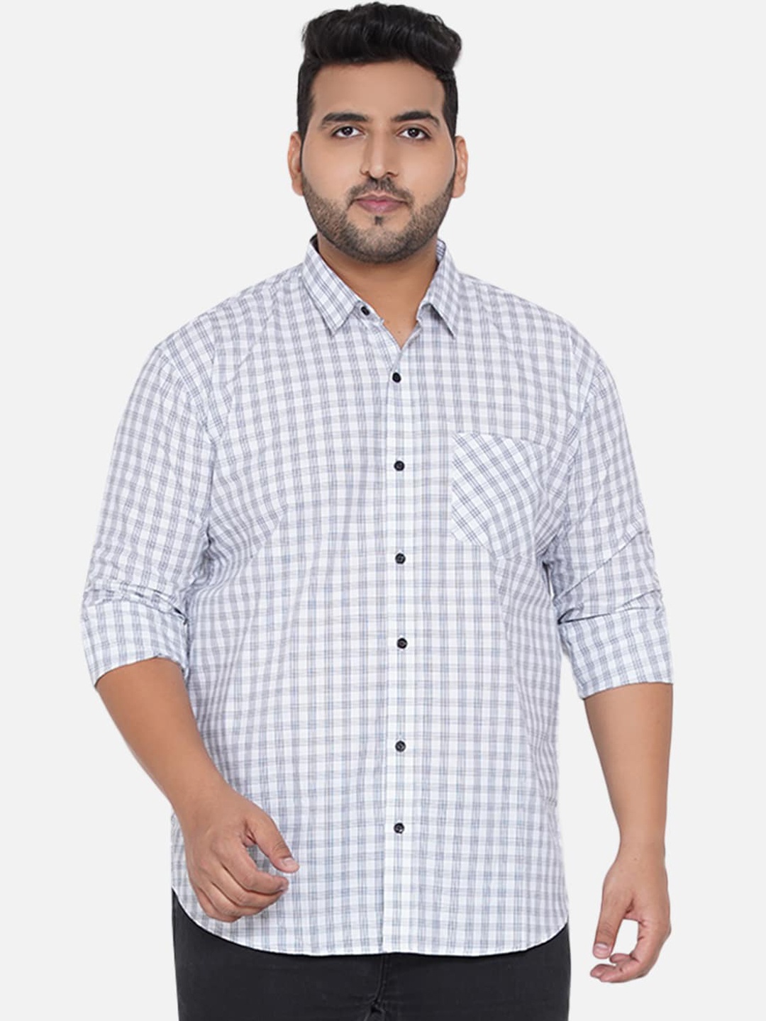 

John Pride Men White Opaque Tartan Checked Plus Size Casual Shirt