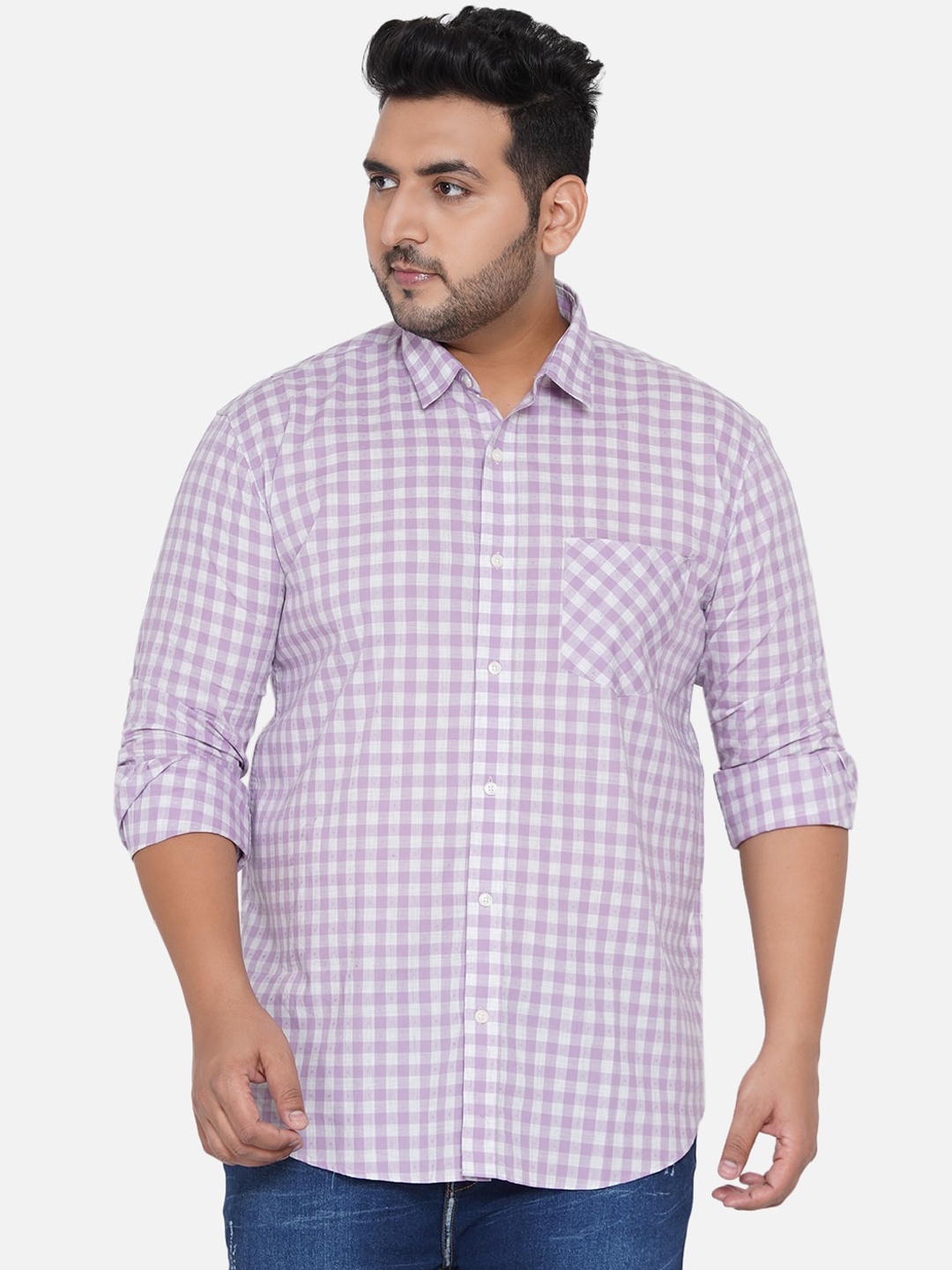 

John Pride Men Purple & White Opaque Gingham Checked Plus Size Casual Shirt