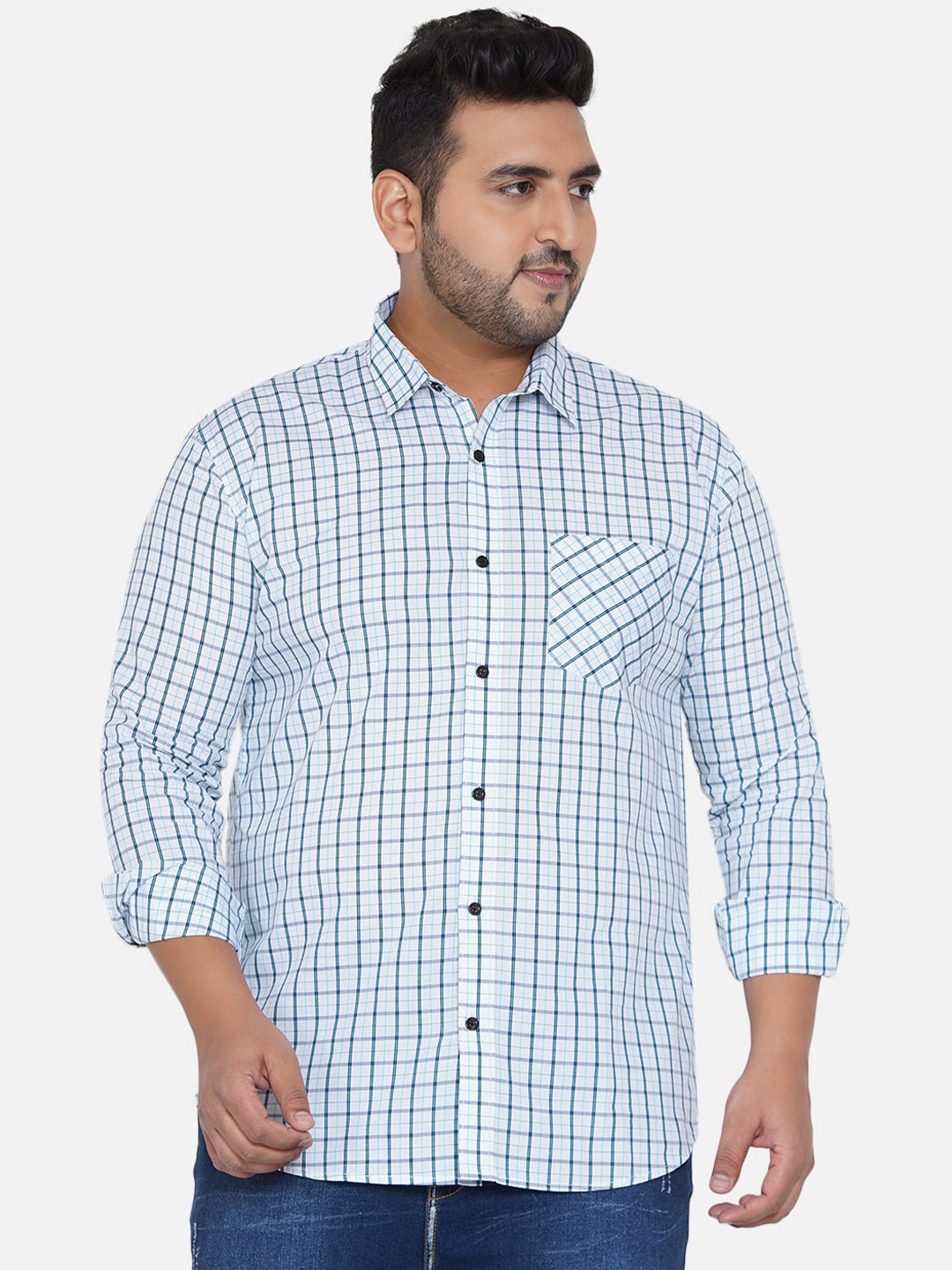 

John Pride Men White & Blue Tartan Checked Plus Size Casual Shirt