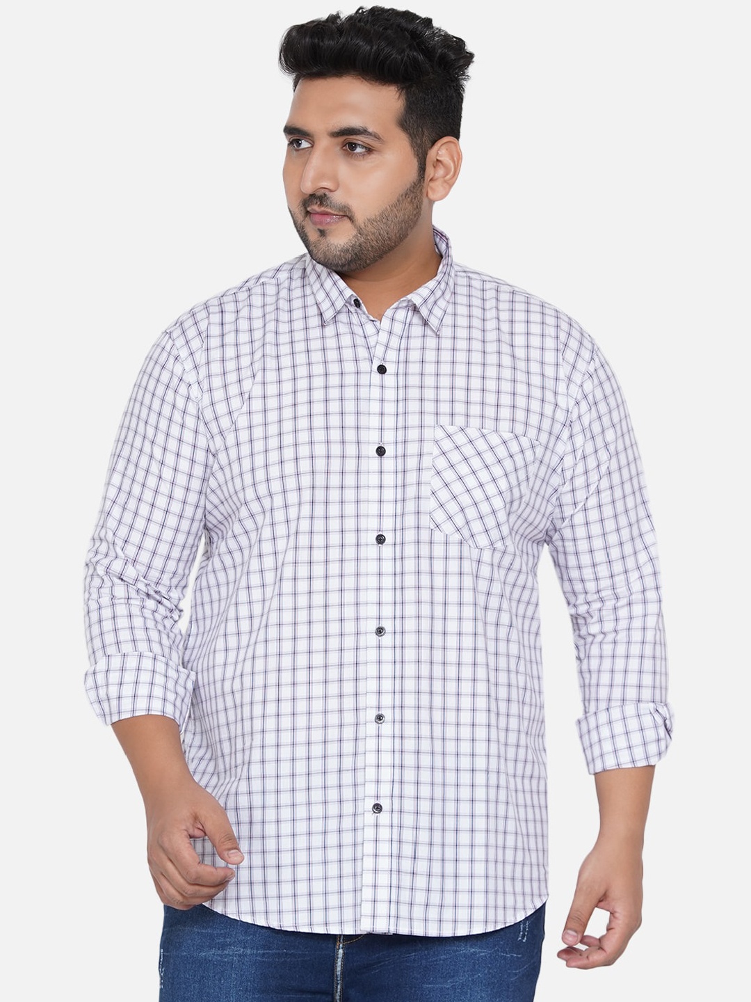 

John Pride Men White & Blue Opaque Tartan Checked Plus Size Casual Shirt
