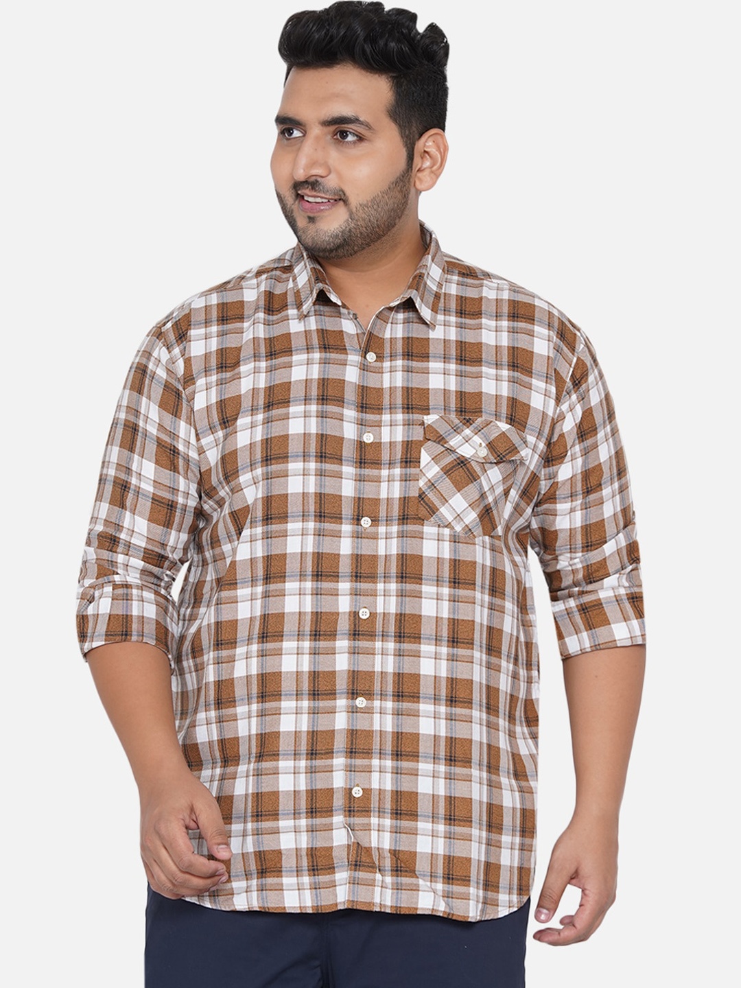 

John Pride Men Brown & White Opaque Tartan Checked Plus Size Casual Shirt