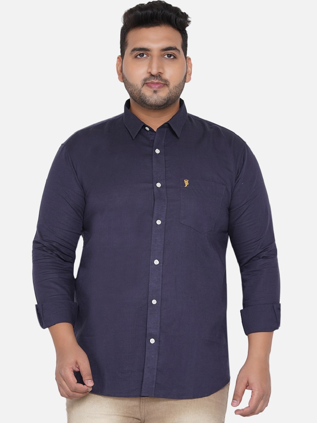 

John Pride Men Navy Blue Solid Opaque Plus Size Casual Shirt
