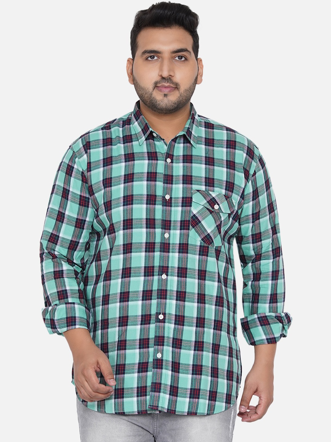 

John Pride Men Green & Maroon Tartan Checked Opaque Plus Size Casual Shirt