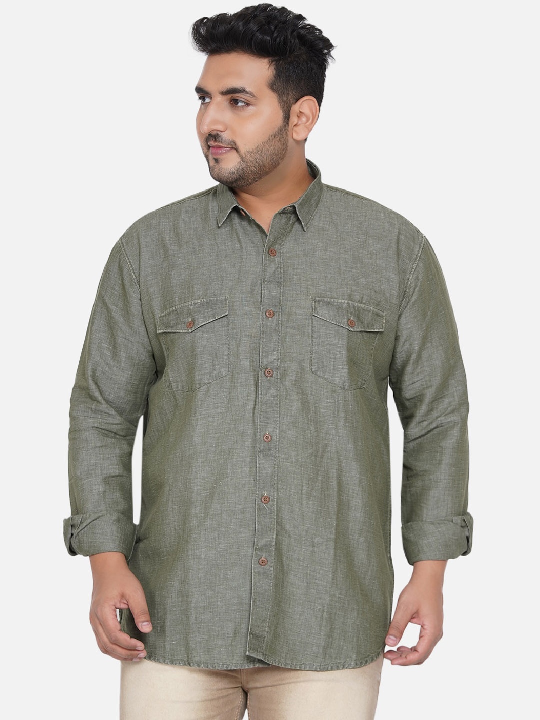

John Pride Men Olive Green Solid Plus Size Casual Shirt