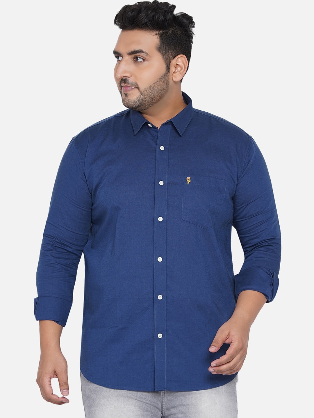 

John Pride Men Blue Solid Plus Size Casual Shirt