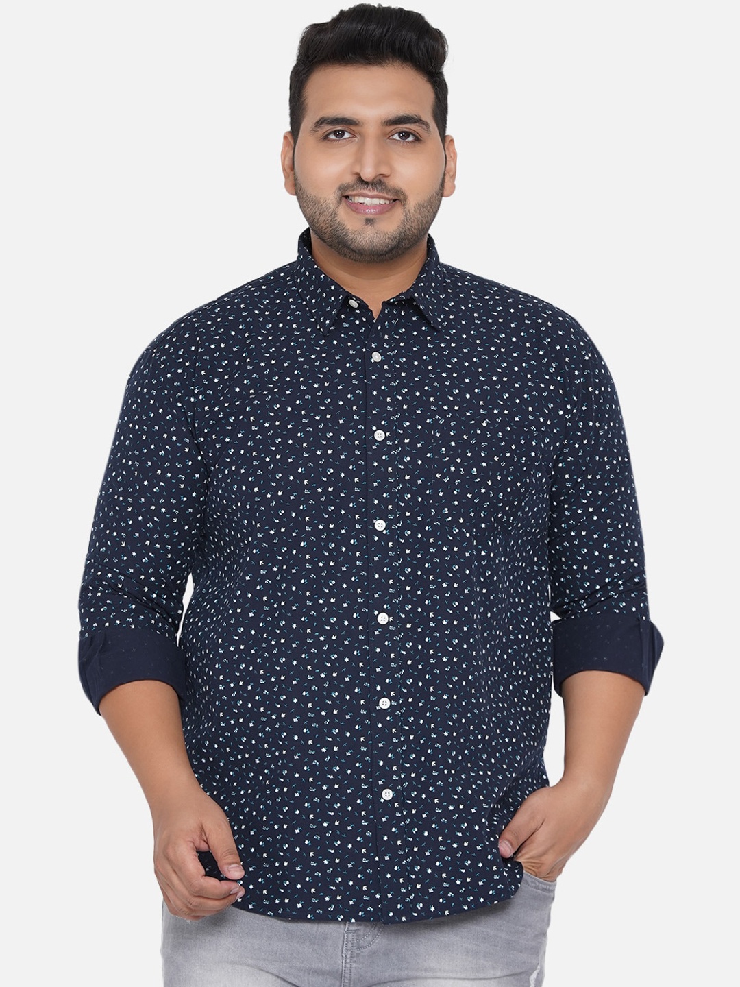 

John Pride Men Navy Blue Floral Print Plus Size Casual Shirt