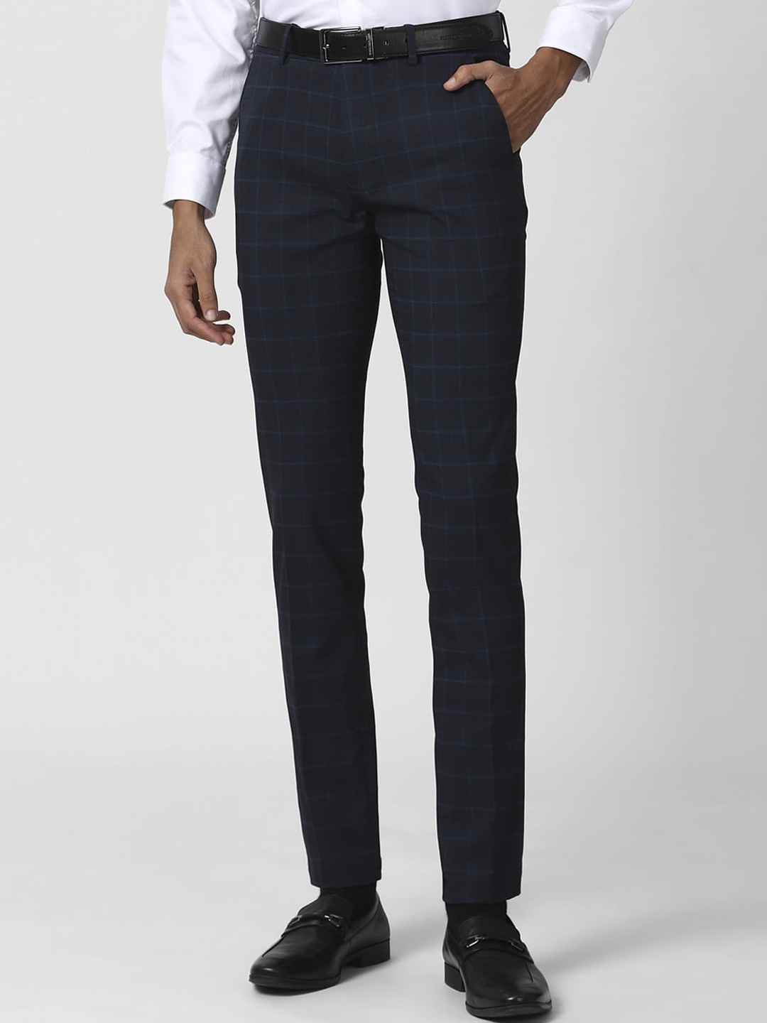 

Peter England Men Navy Blue Checked Slim Fit Formal Trousers