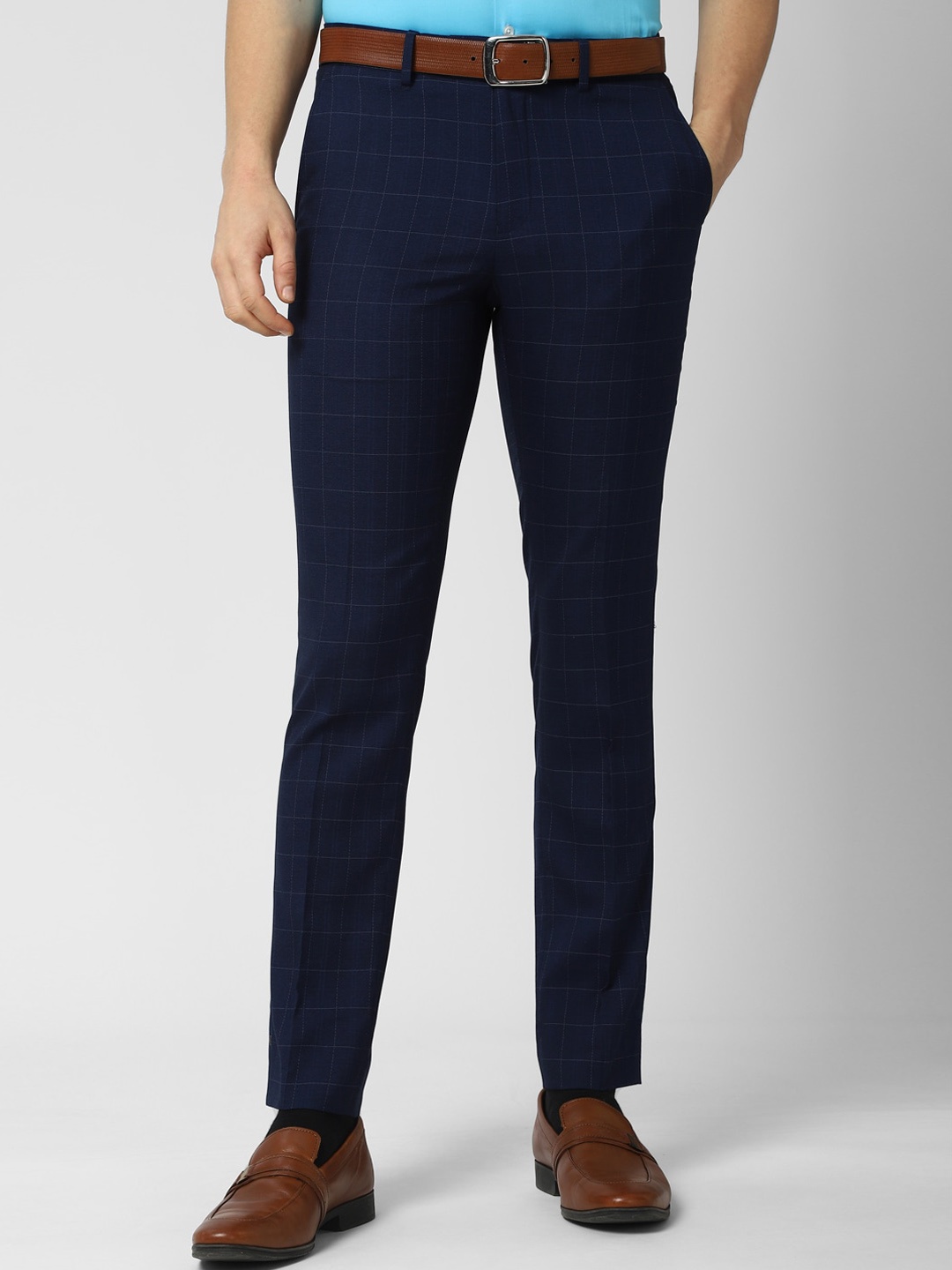 

Peter England Elite Men Navy Blue Checked Slim Fit Formal Trousers